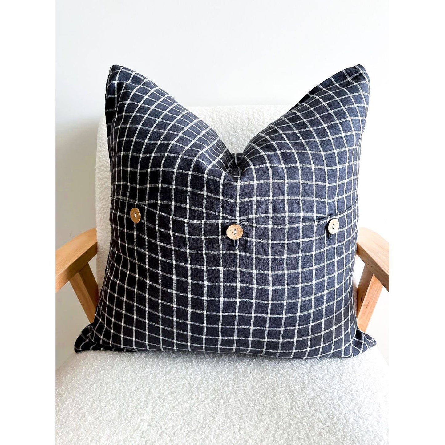 Linen Cushion Cover Button Back | Night Blue Grids | 50 x 50