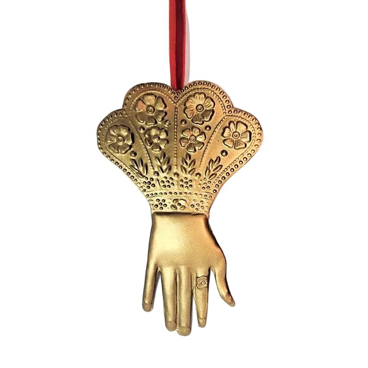 Handmade Golden Hand Hanging Ornament | Mexican Pressed Tin Decoration