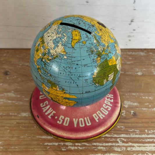 Vintage Ohio Art Company World Globe Money Box Tin Bank