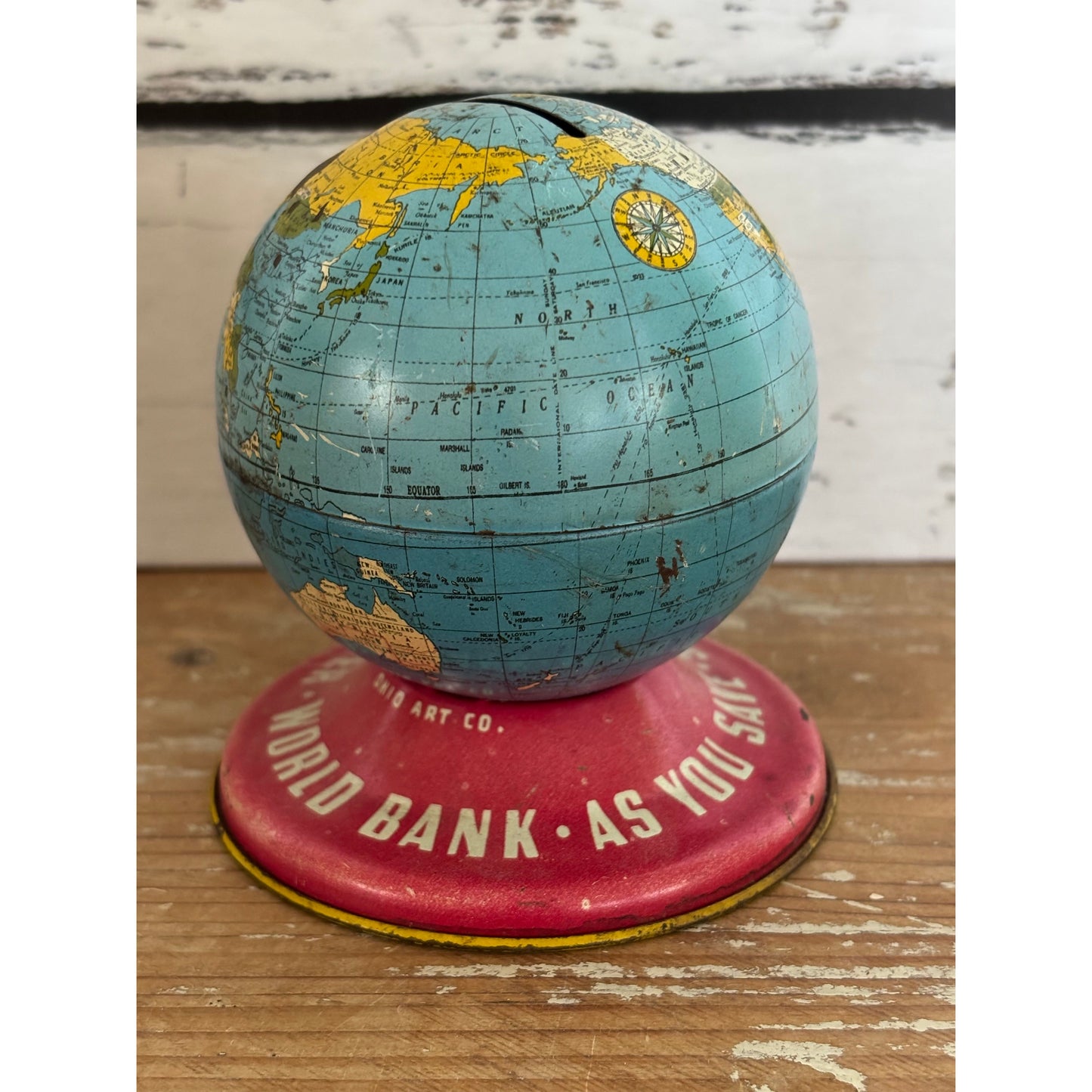 Vintage Ohio Art Company World Globe Money Box Tin Bank