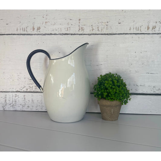Extra Large Antique White Enamel Jug Vintage Farmhouse Vase