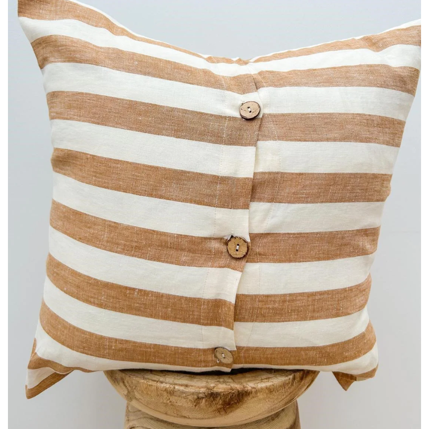 Linen Cushion Cover Button Back | Toffee Wide Stripe | 50 x 50