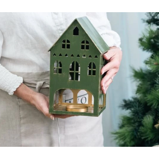Green Tin Christmas House Tealight Holder | 29cm