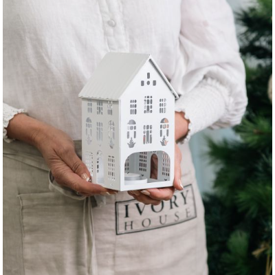White Tin Christmas House Tealight Holder | 20cm