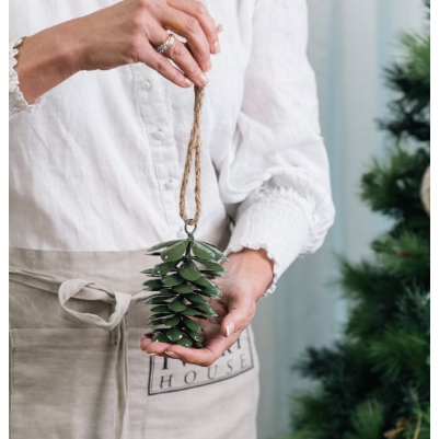 Green Tin Pinecone Christmas Decoration | 12cm