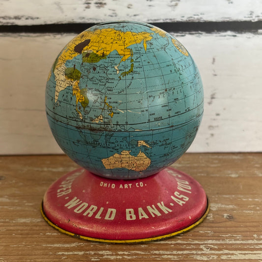 Vintage Ohio Art Company World Globe Money Box Tin Bank