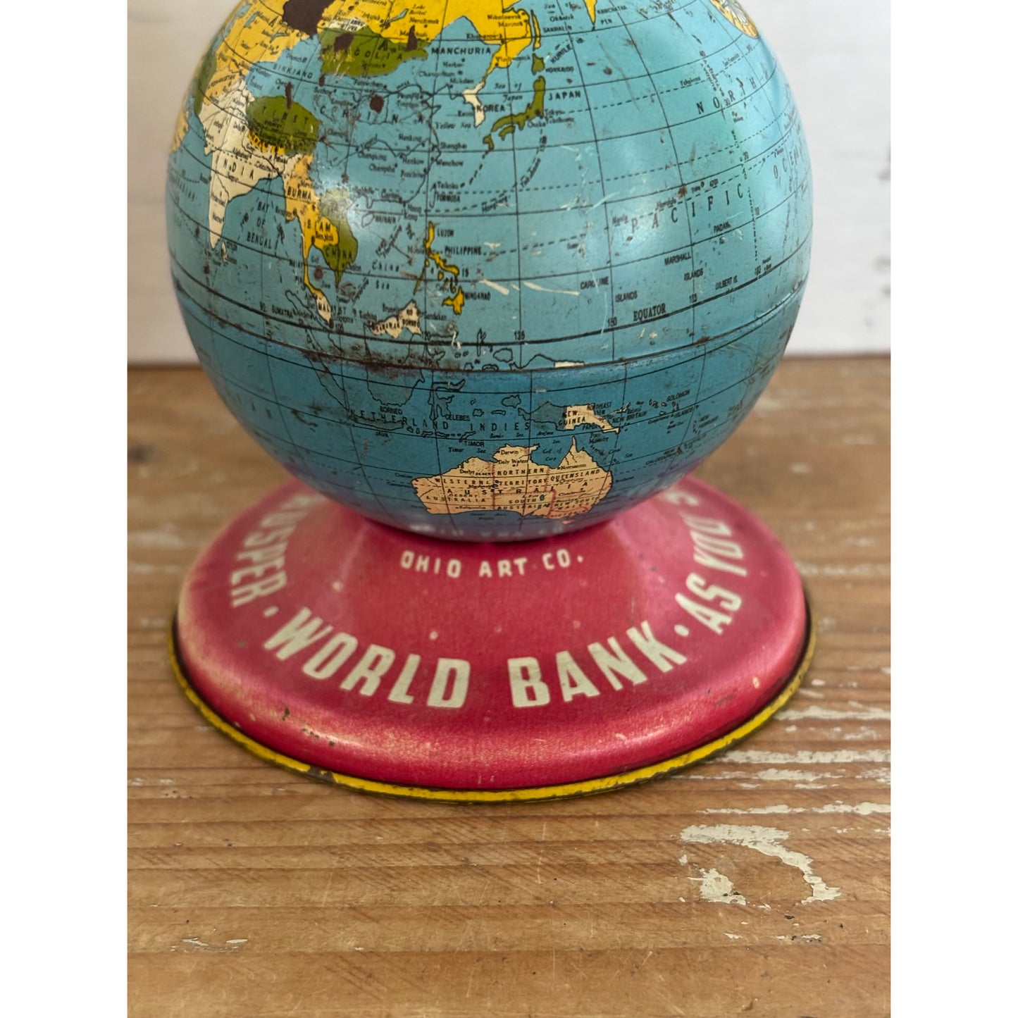 Vintage Ohio Art Company World Globe Money Box Tin Bank