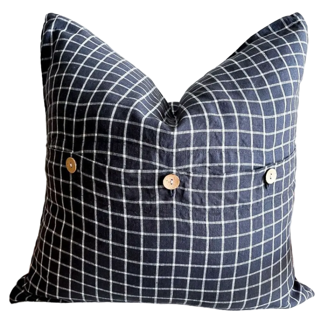 Linen Cushion Cover Button Back | Night Blue Grids | 50 x 50
