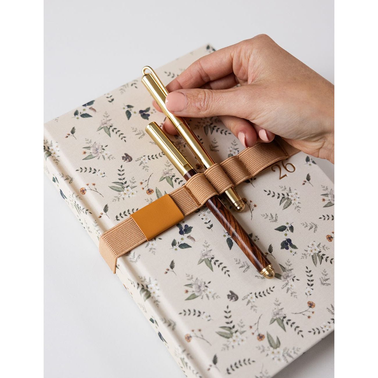 Elastic Book Strap with Pen Holder – PU Leather Journal Band | Gold