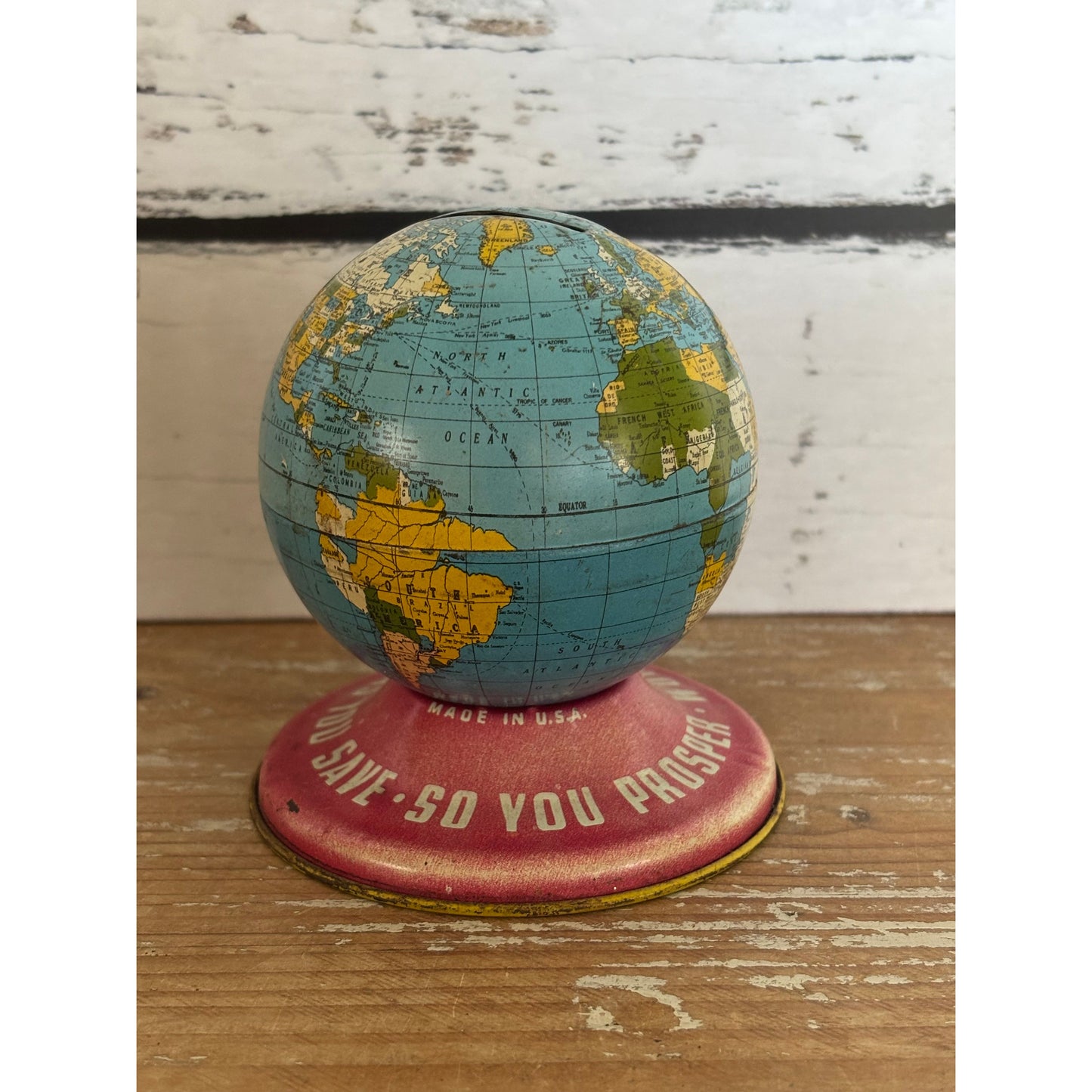 Vintage Ohio Art Company World Globe Money Box Tin Bank