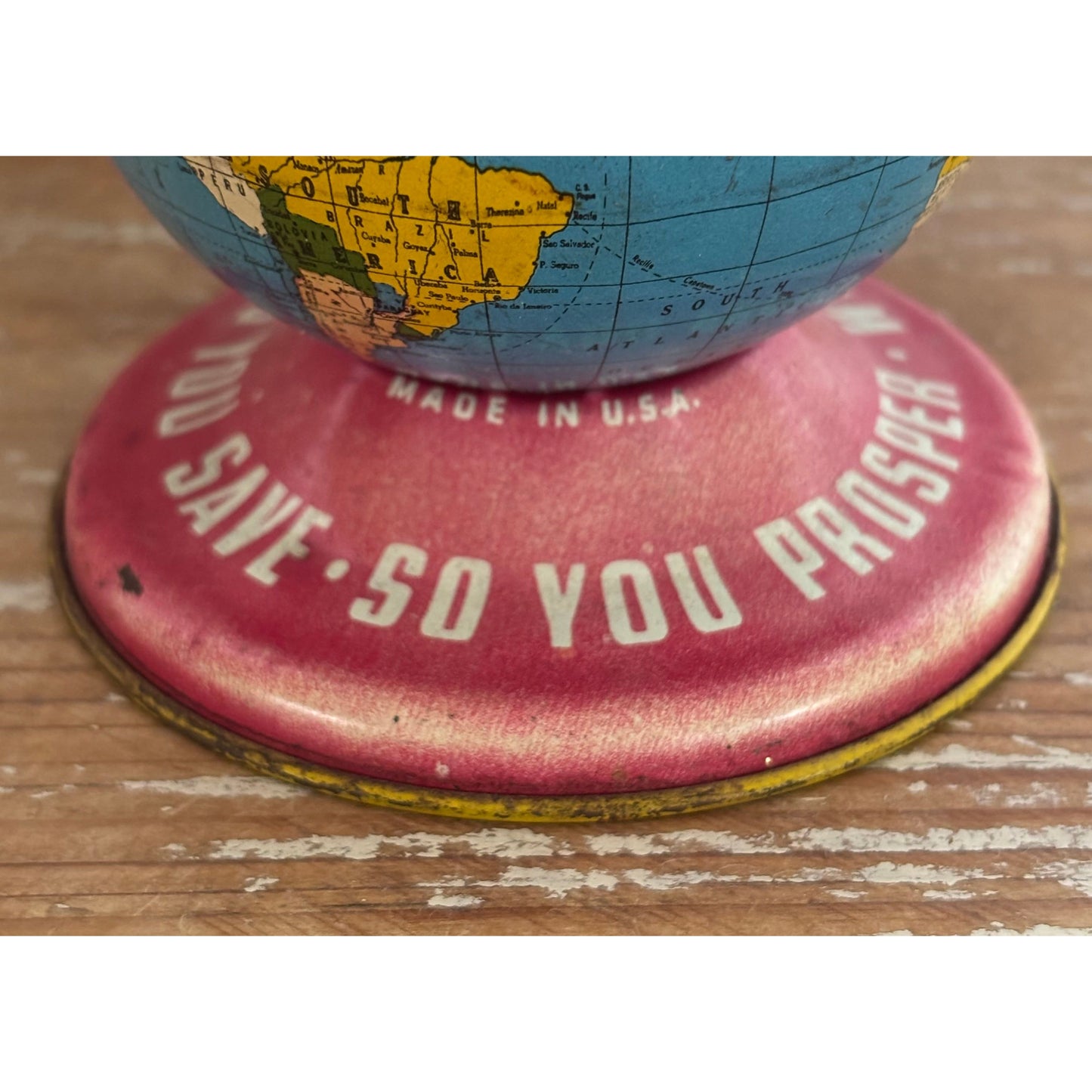 Vintage Ohio Art Company World Globe Money Box Tin Bank