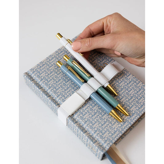 Elastic Book Strap with Pen Holder – PU Leather Journal Band | White
