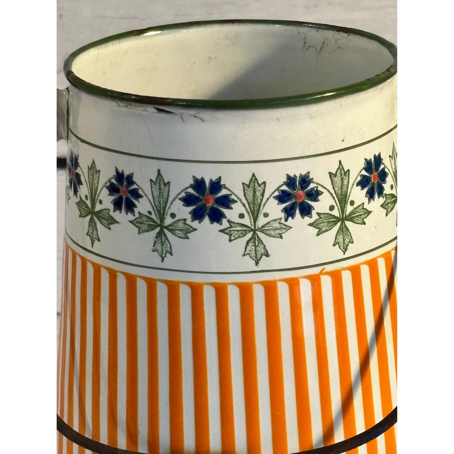French Enamelware Vase or Utensil Holder – Vintage White with Blue Rim