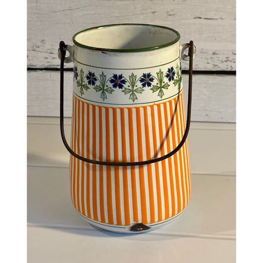 French Enamelware Vase or Utensil Holder – Vintage White with Blue Rim