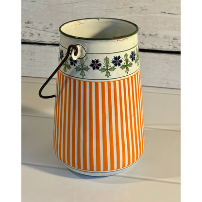 French Enamelware Vase or Utensil Holder – Vintage White with Blue Rim