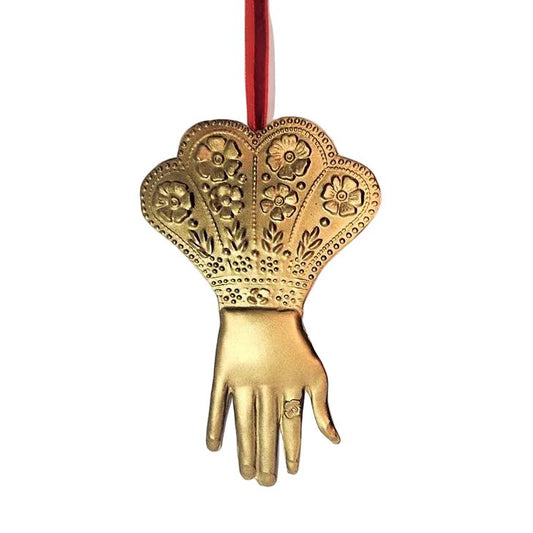 Handmade Golden Hand Hanging Ornament | Mexican Pressed Tin Decoration