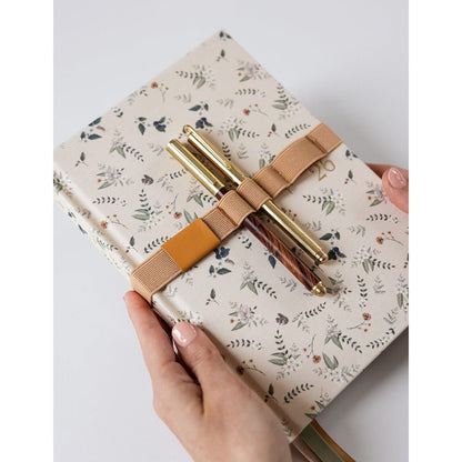 Elastic Book Strap with Pen Holder – PU Leather Journal Band | Gold