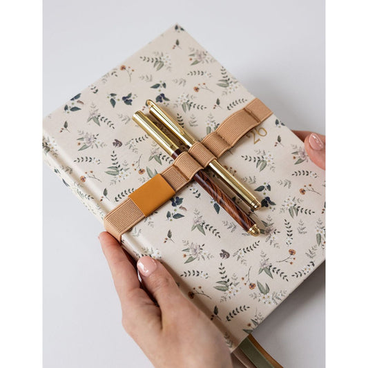 Elastic Book Strap with Pen Holder – PU Leather Journal Band | Gold