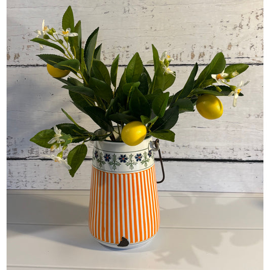 French Enamelware Vase or Utensil Holder – Vintage White with Blue Rim