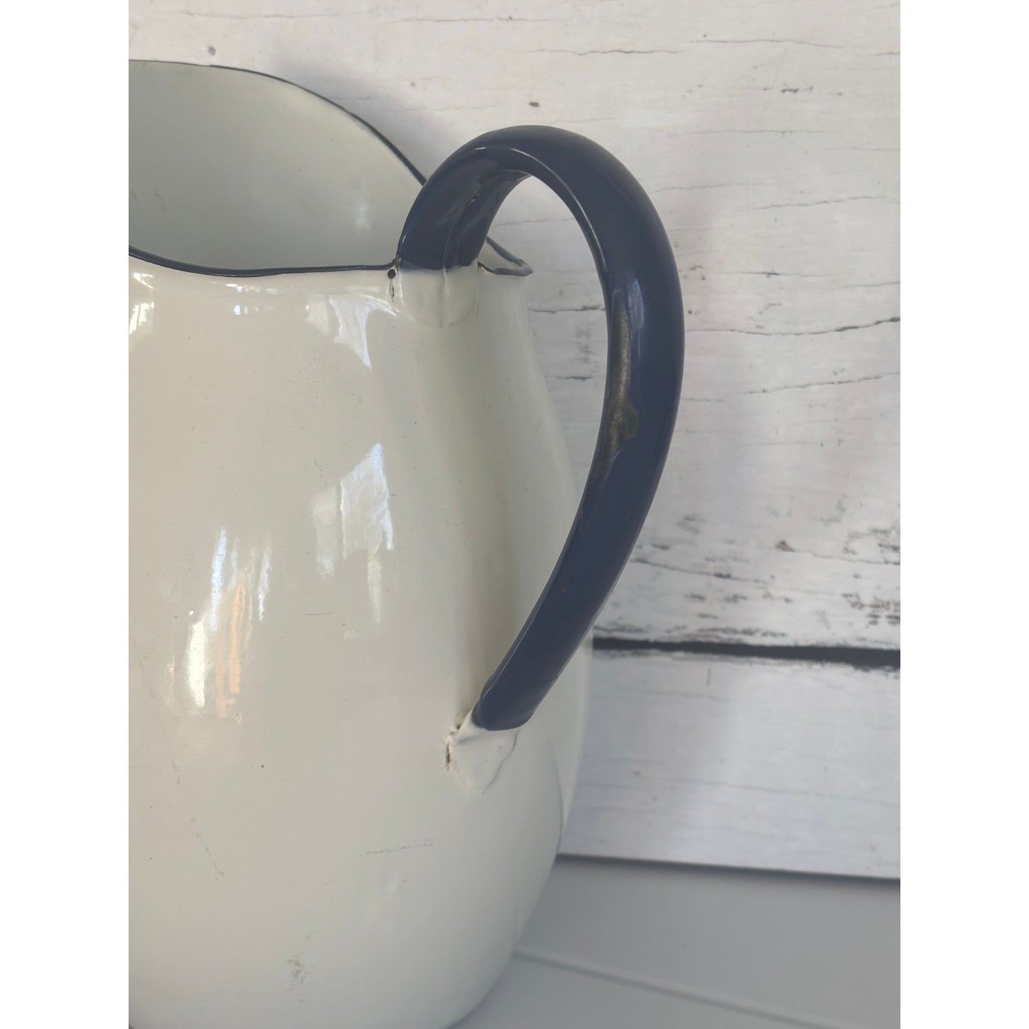 Extra Large Antique White Enamel Jug Vintage Farmhouse Vase
