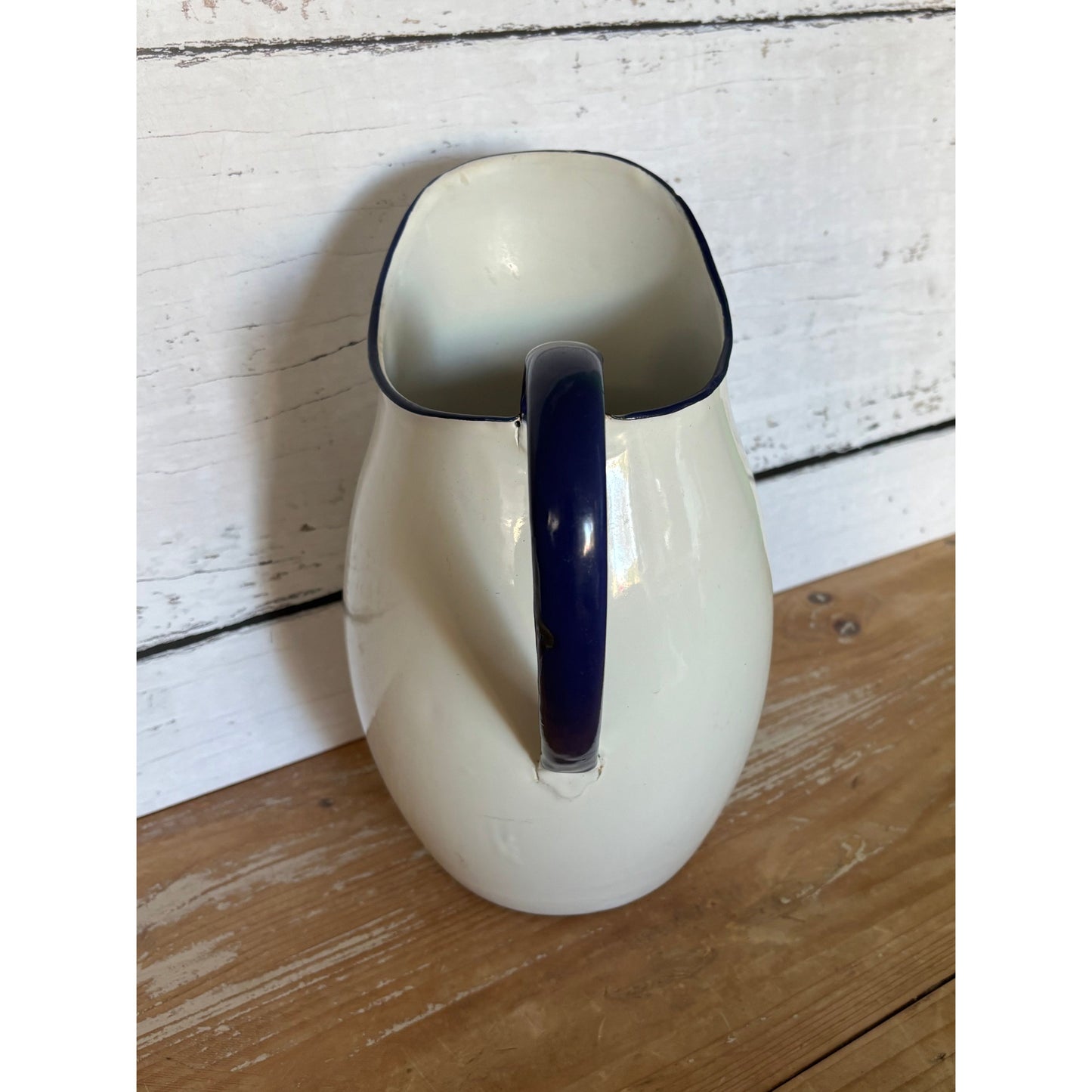 Extra Large Antique White Enamel Jug Vintage Farmhouse Vase