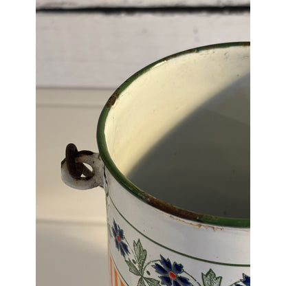 French Enamelware Vase or Utensil Holder – Vintage White with Blue Rim