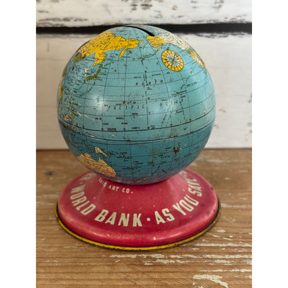 Vintage Ohio Art Company World Globe Money Box Tin Bank