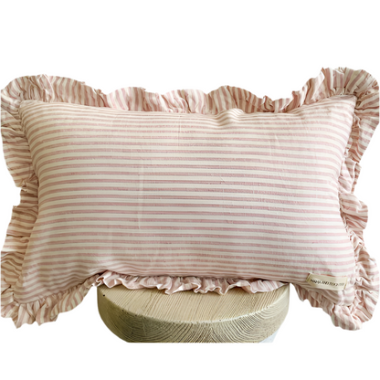 Lumbar Ruffle Cushion Cover | Linen | Pink Pinstripes