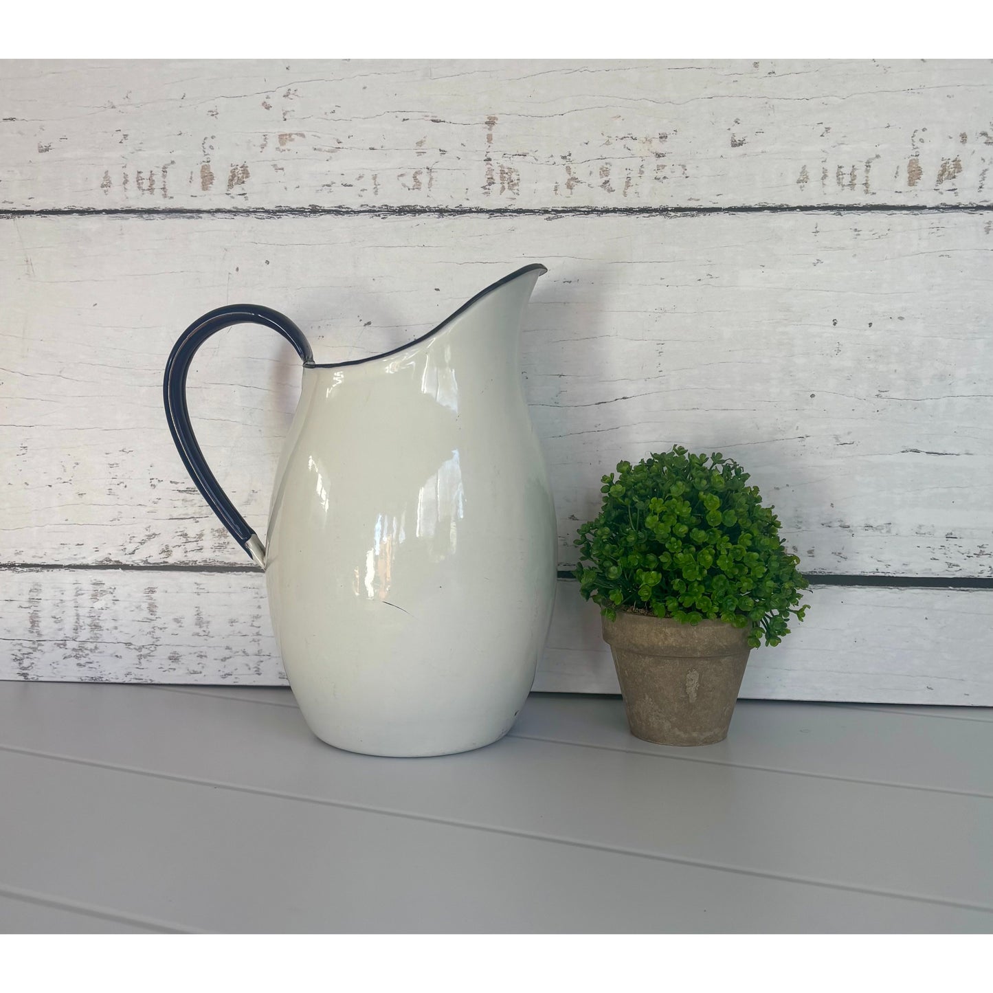 Extra Large Antique White Enamel Jug Vintage Farmhouse Vase