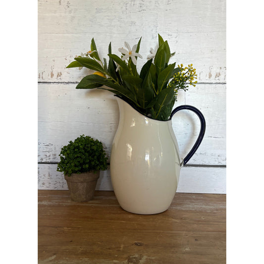 Extra Large Antique White Enamel Jug Vintage Farmhouse Vase