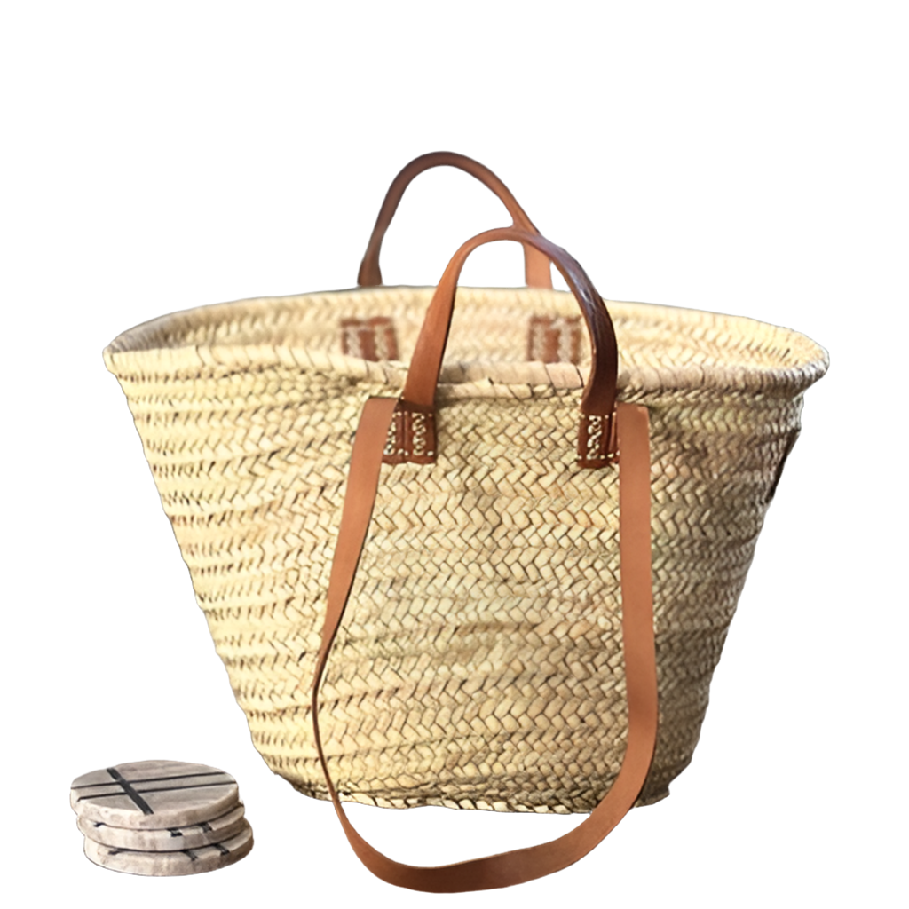 French Market Double Handle Basket | Brown Leather