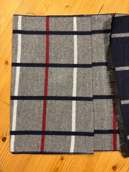 Reversible Plaid Check Navy Scarf – Soft Viscose Knit Wrap