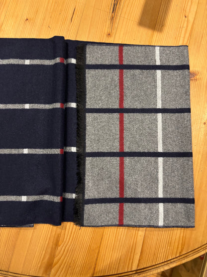 Reversible Plaid Check Navy Scarf – Soft Viscose Knit Wrap