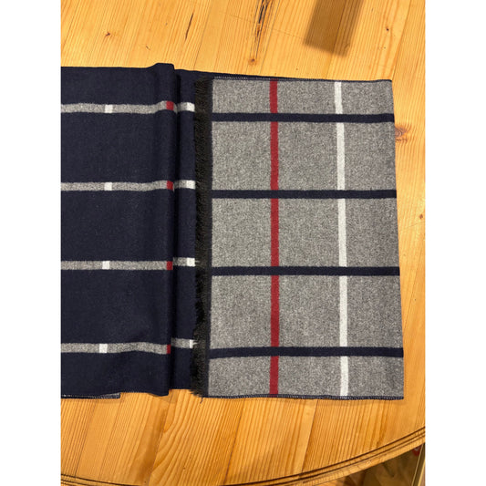 Reversible Plaid Check Navy Scarf – Soft Viscose Knit Wrap