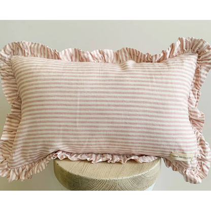 Lumbar Ruffle Cushion Cover | Linen | Pink Pinstripes