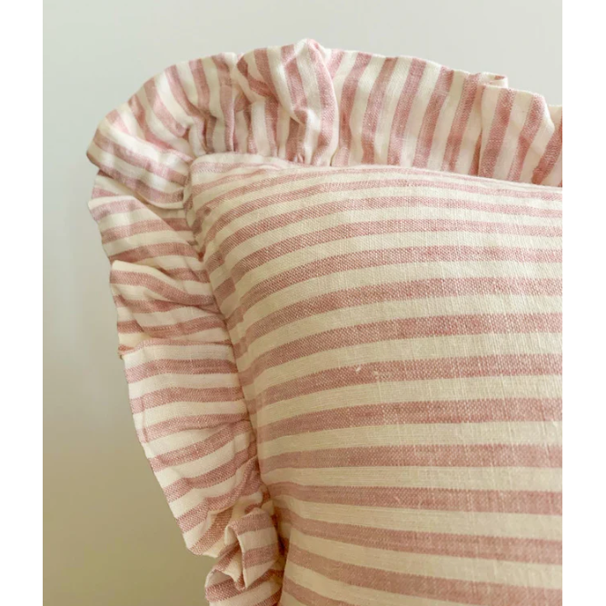 Lumbar Ruffle Cushion Cover | Linen | Pink Pinstripes