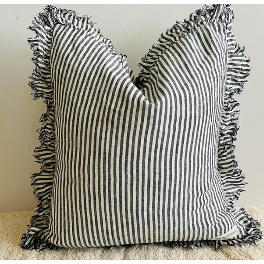 Cushion Cover | Frayed Ruffle  | Charcoal Pinstripes