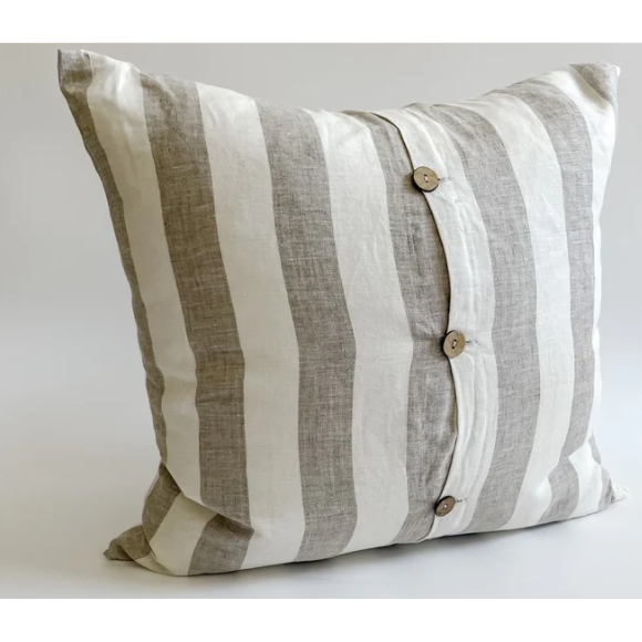 Linen Cushion Cover Button Back | Natural Wide Stripe | 50 x 50