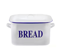 A white rectangular bread box with a matching lid, featuring blue text reading 'BREAD' on the front and a blue stripe along the top edge, set against a plain white background.