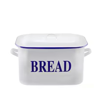 A white rectangular bread box with a matching lid, featuring blue text reading 'BREAD' on the front and a blue stripe along the top edge, set against a plain white background.