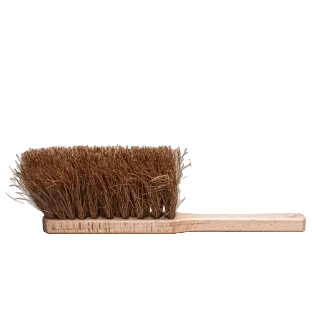 A heavy-duty cleaning brush with dense brown bristles and a light-colored wooden handle, isolated on a white background.