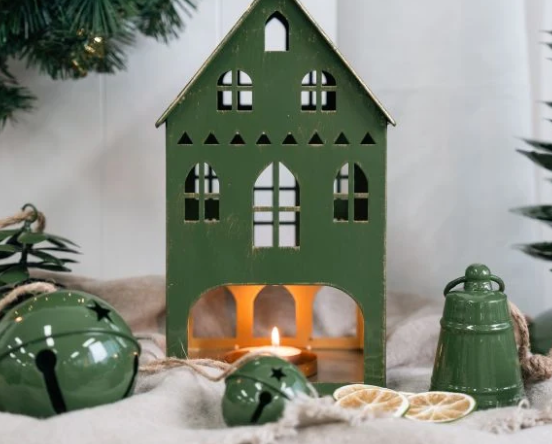 Green Tin Christmas House Tealight Holder | 29cm