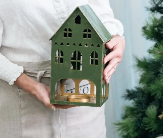 Green Tin Christmas House Tealight Holder | 29cm