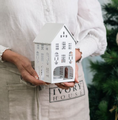 White Tin Christmas House Tealight Holder | 20cm