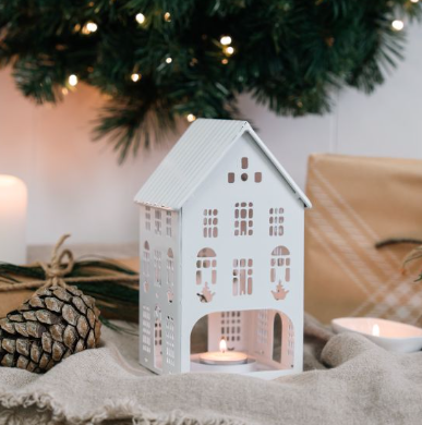 White Tin Christmas House Tealight Holder | 20cm