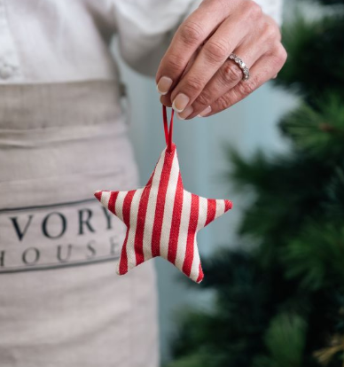 Red & White Striped Calico Star Christmas Decoration | 10cm